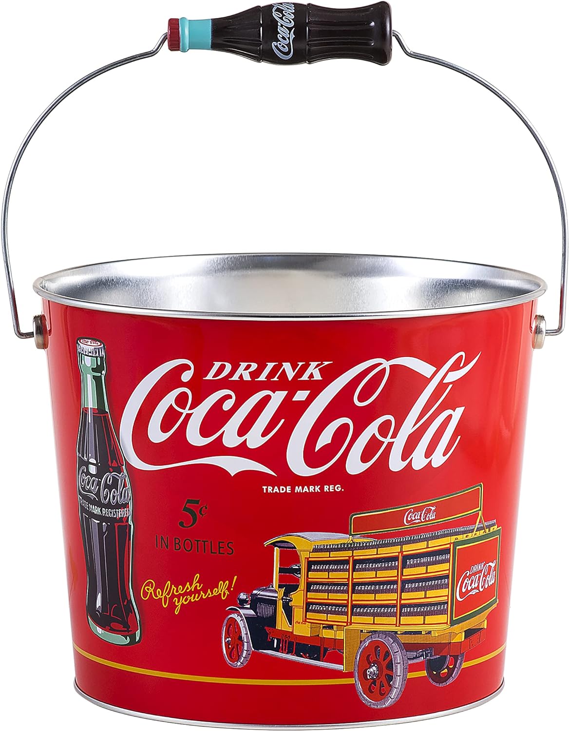 THE TIN BOX COMPANY COCACOLA  CUBETA GRANDE PARA BEBIDAS CON MANGO DE BOTELLA DE COQUE, ROJO